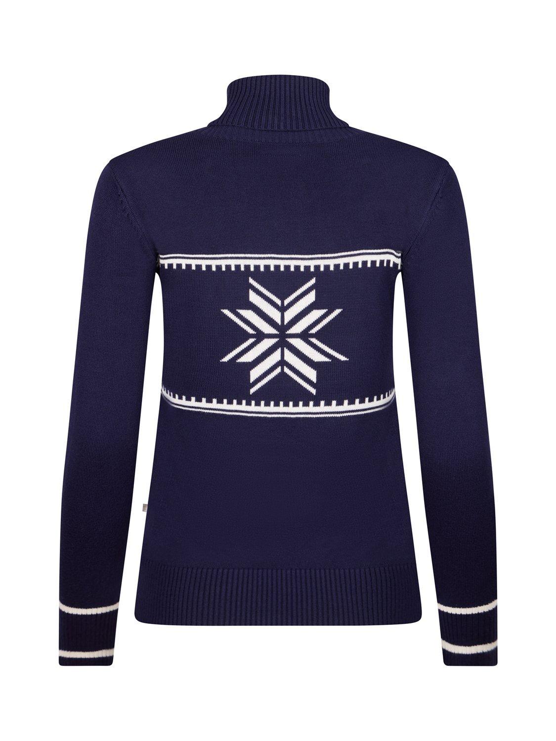 Product image 6 of 8, which shows The Little Tailor Slim Roll Neck Snowflake Jumper, Navy, XS