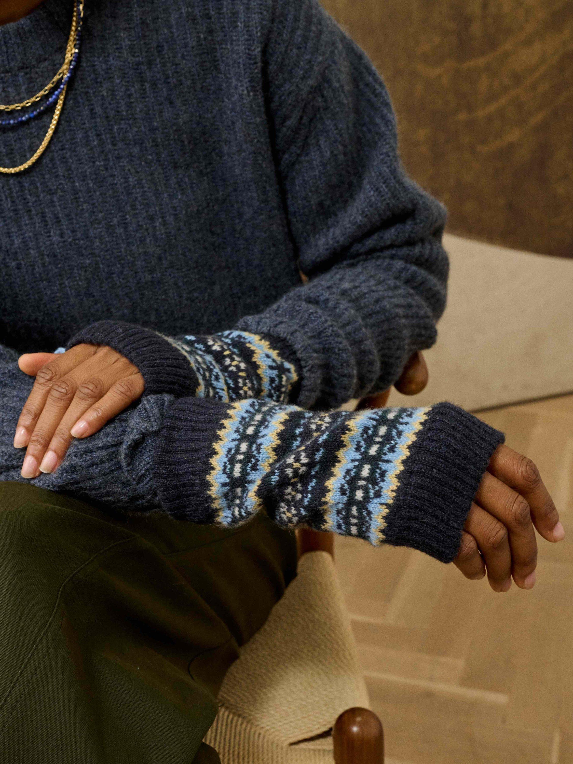Product image 2 of 2, which shows Brora Folk Pure Cashmere Wrist Warmers, Midnight, One Size