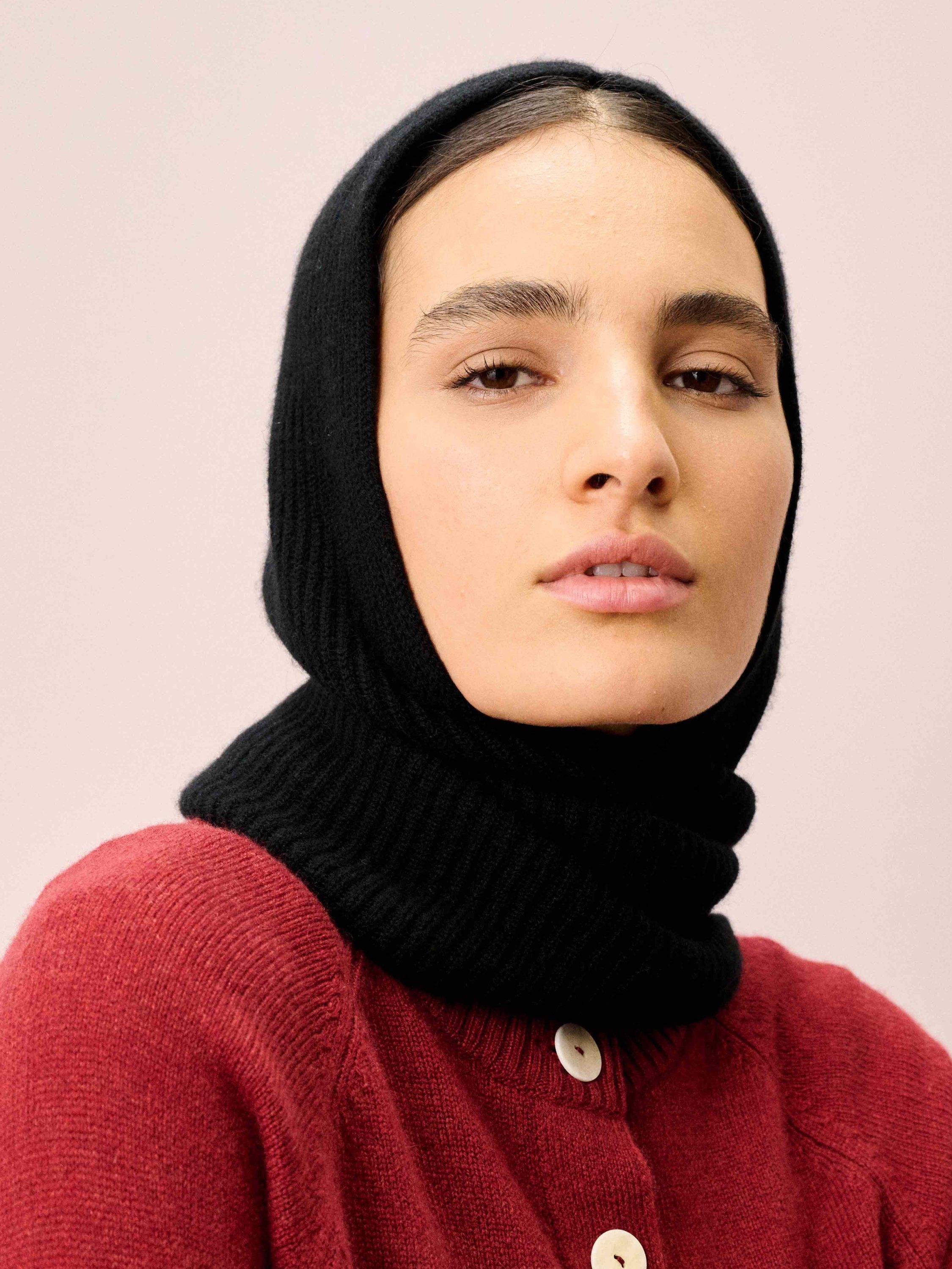 Brora Pure Cashmere Ribbed Hybrid Hooded Scarf, Black