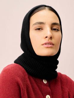 Brora Pure Cashmere Ribbed Hybrid Hooded Scarf - view 2, Black