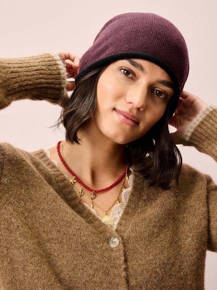 Brora Contrast Trim Pure Cashmere Slouchy Hat - view 2, Malt/Black