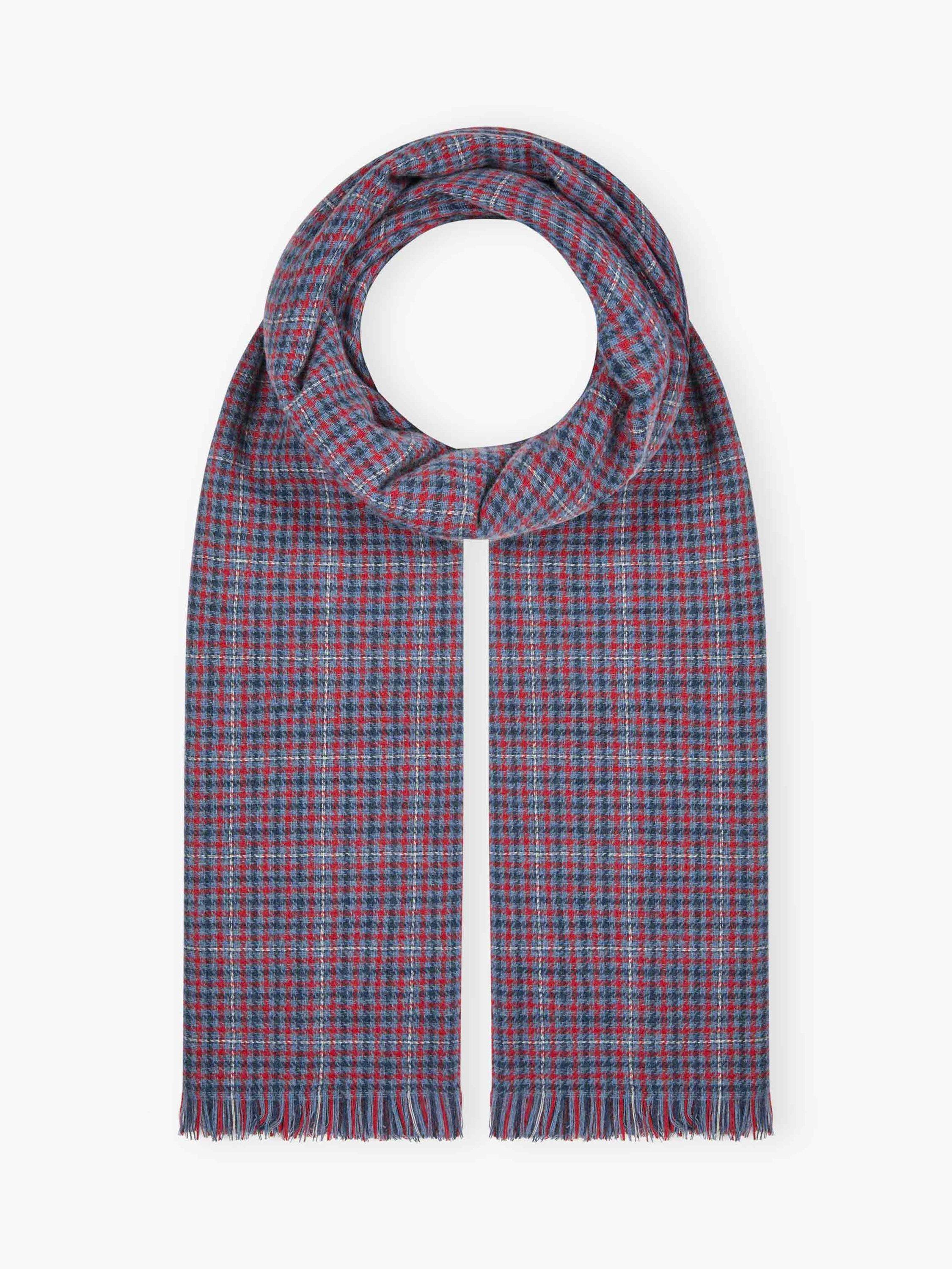 Product image 1 of 2, which shows Brora Check Chartouche Pure Cashmere Scarf, Chambray/Garnet, One Size