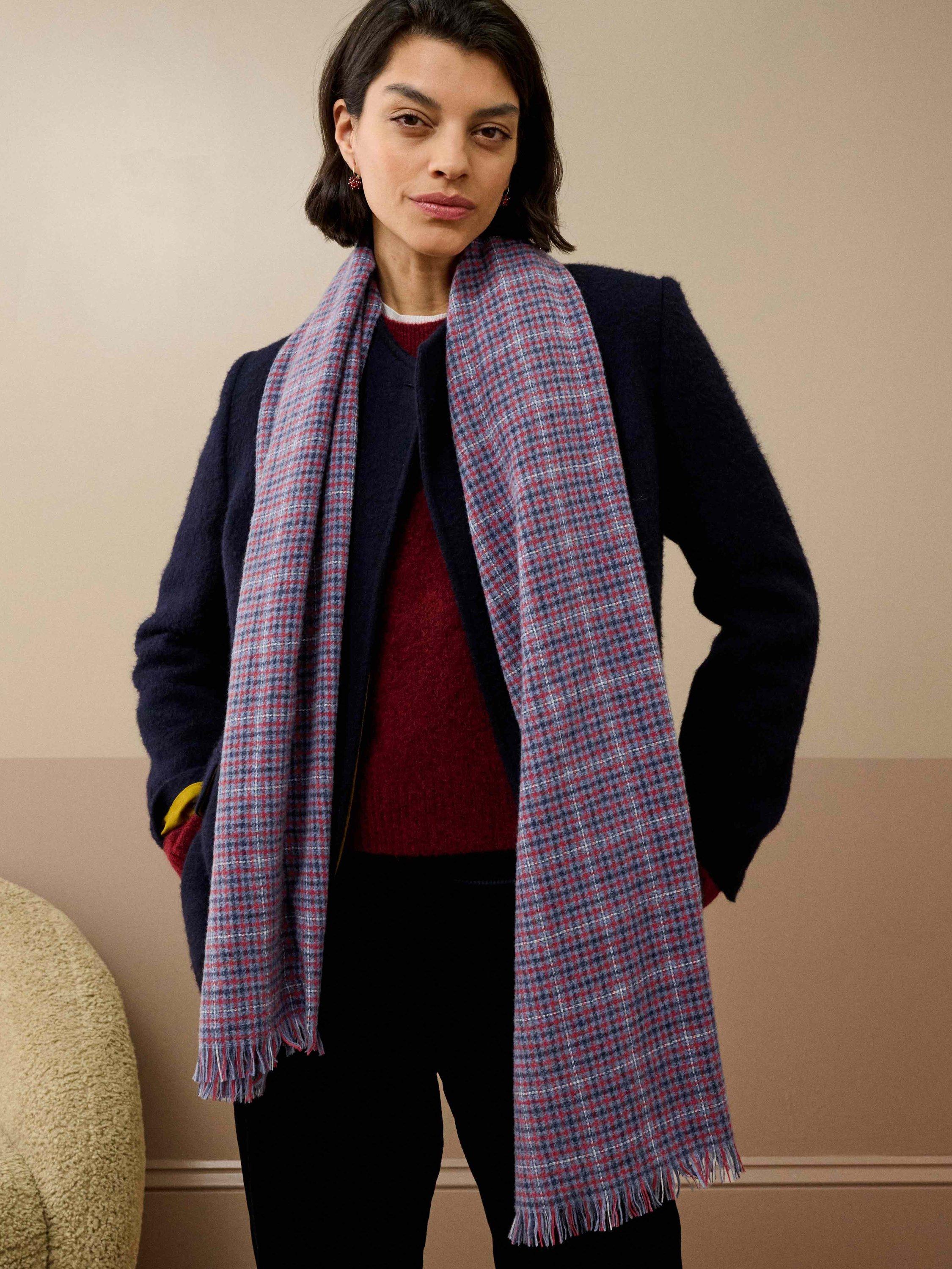 Product image 2 of 2, which shows Brora Check Chartouche Pure Cashmere Scarf, Chambray/Garnet, One Size