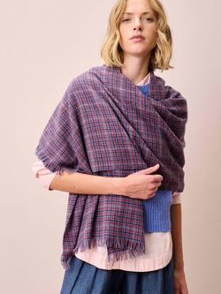 Brora Check Chartouche Pure Cashmere Scarf, Chambray/Garnet - view 2, Chambray/Garnet