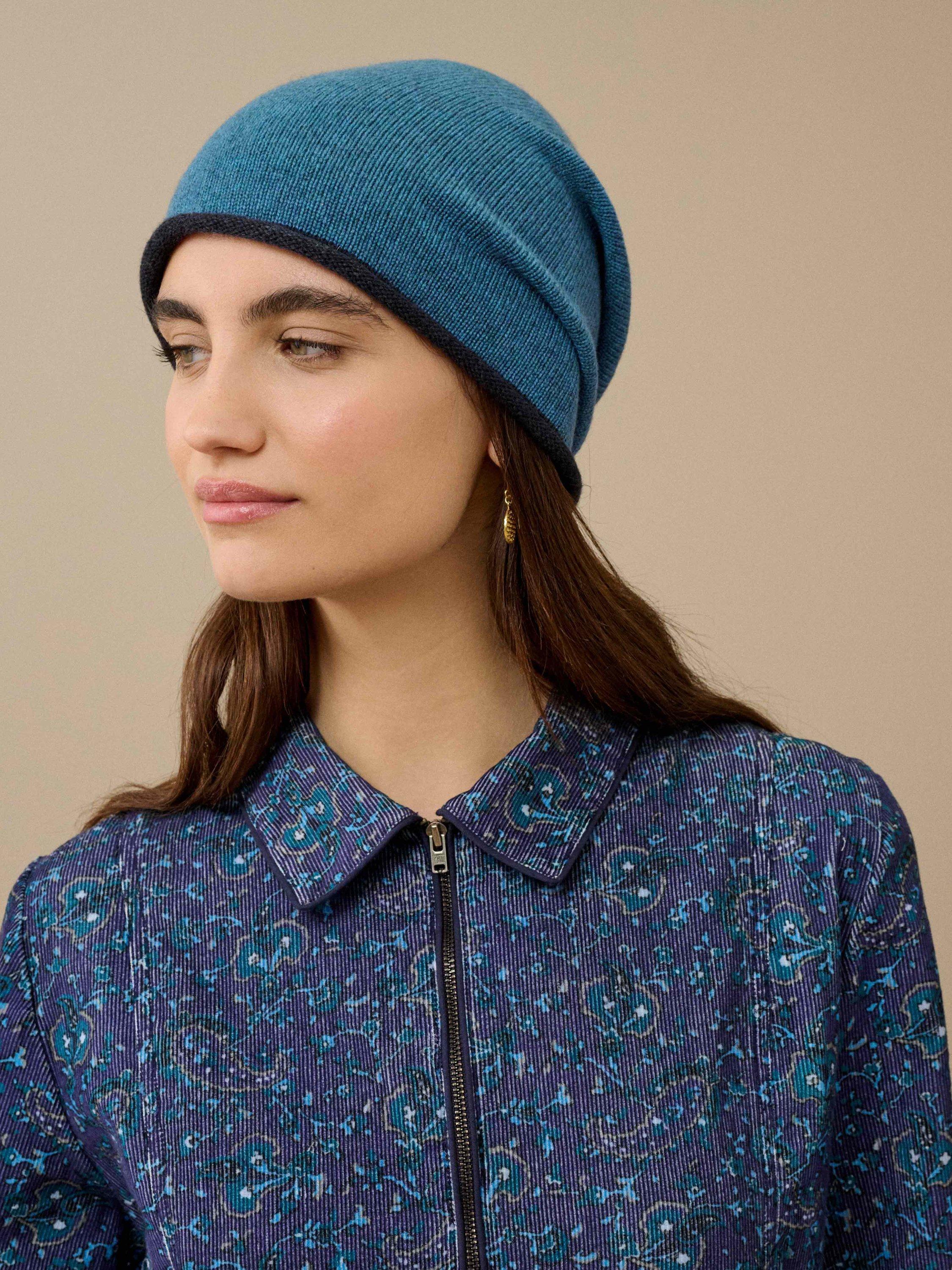 Product image 2 of 2, which shows Brora Contrast Trim Pure Cashmere Slouchy Hat, Jay/Midnight, One Size
