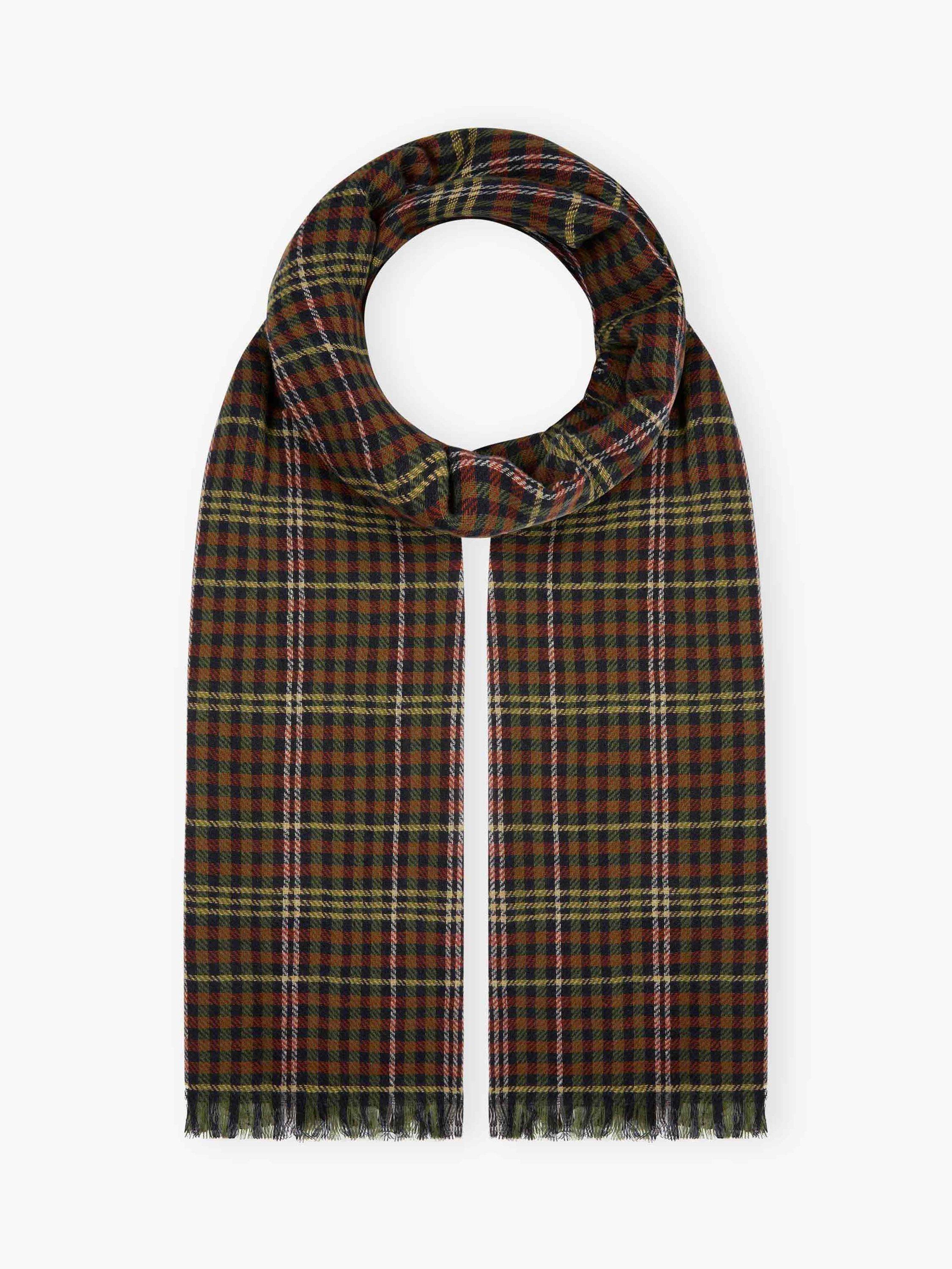 Product image 1 of 2, which shows Brora Check Chartouche Pure Cashmere Scarf, Sorrel/Conker, One Size