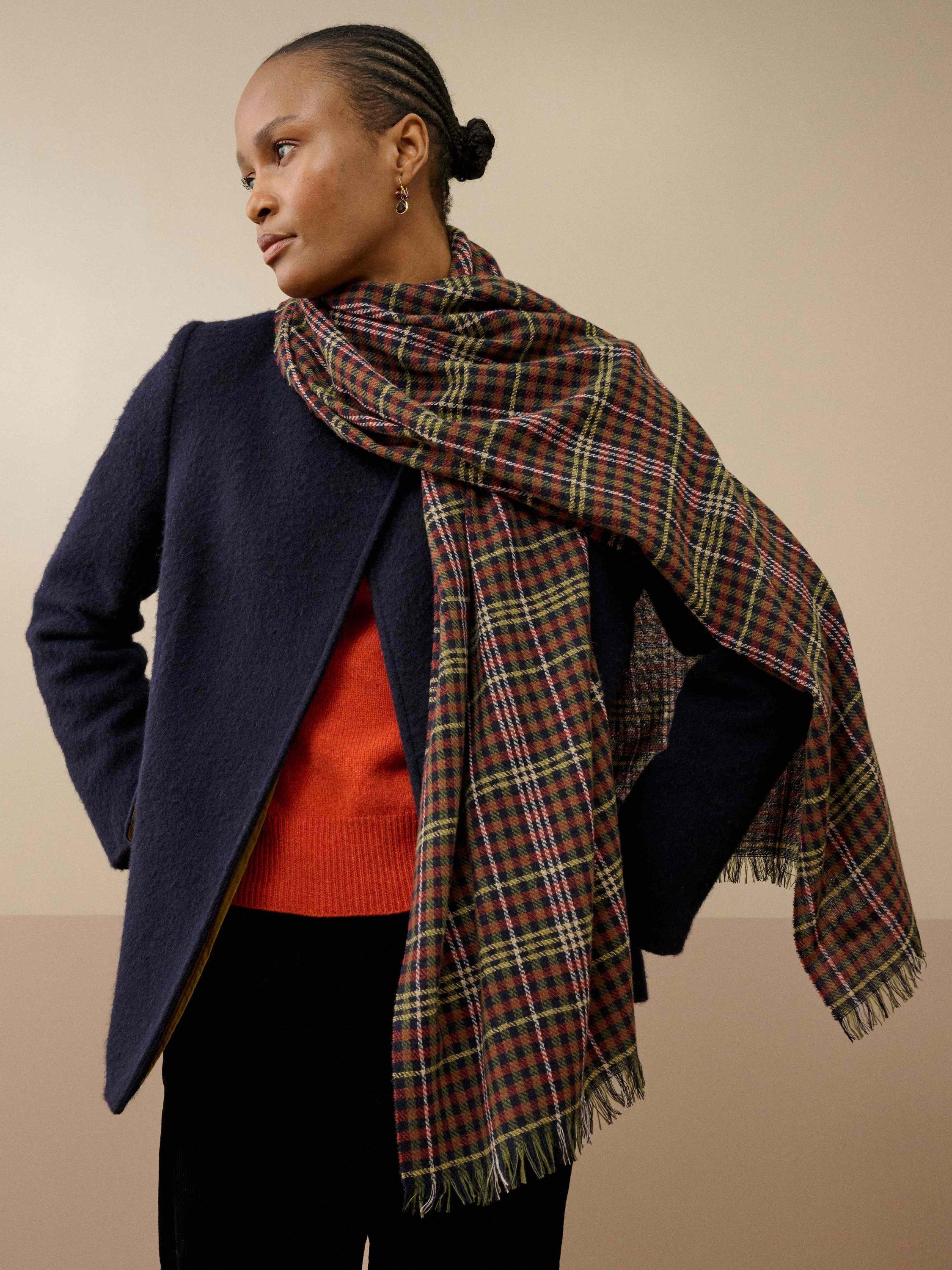 Product image 2 of 2, which shows Brora Check Chartouche Pure Cashmere Scarf, Sorrel/Conker, One Size