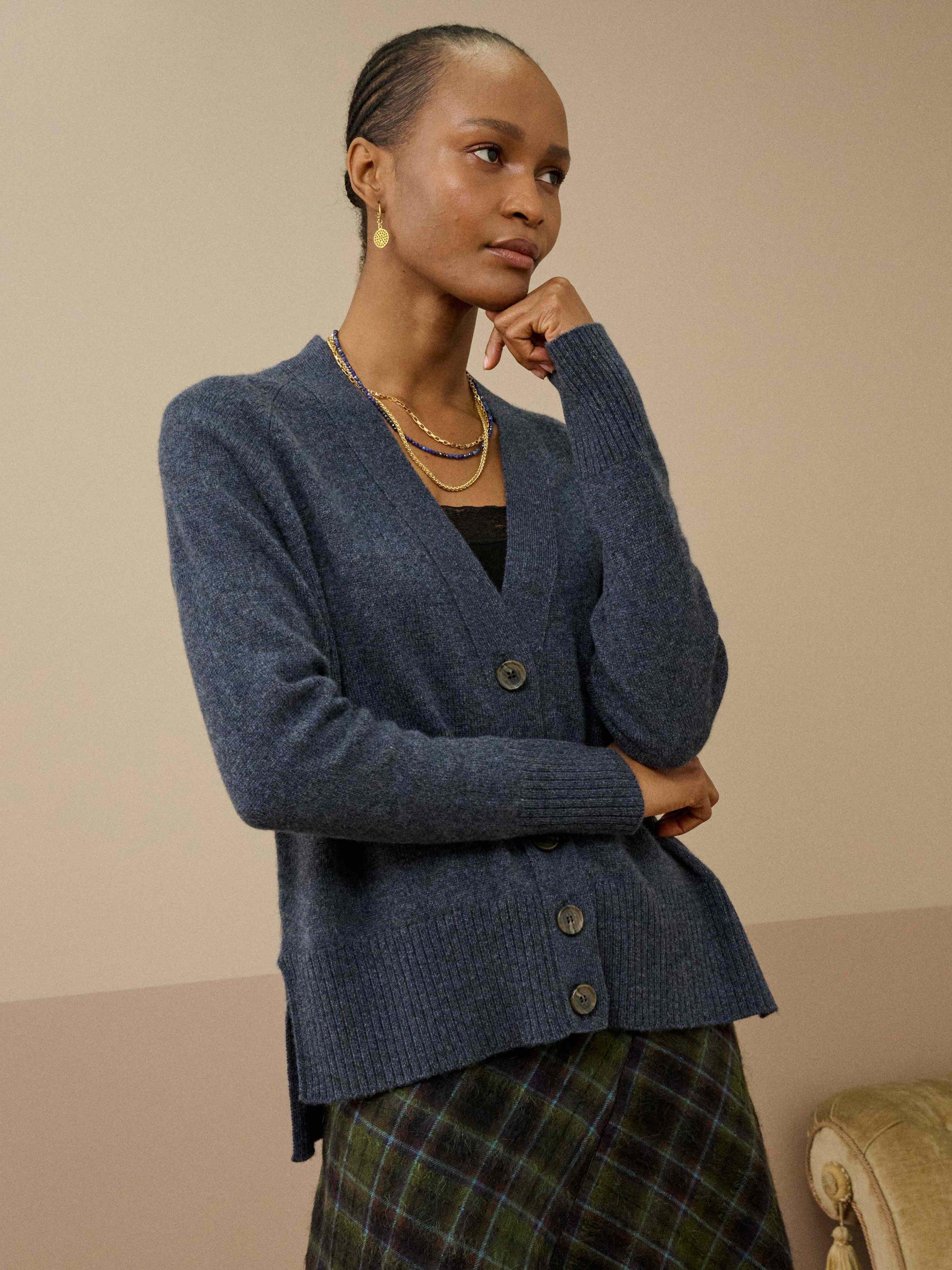 Product image 1 of 4, which shows Brora Longline Pure Cashmere Cardigan, Steel, 8-10