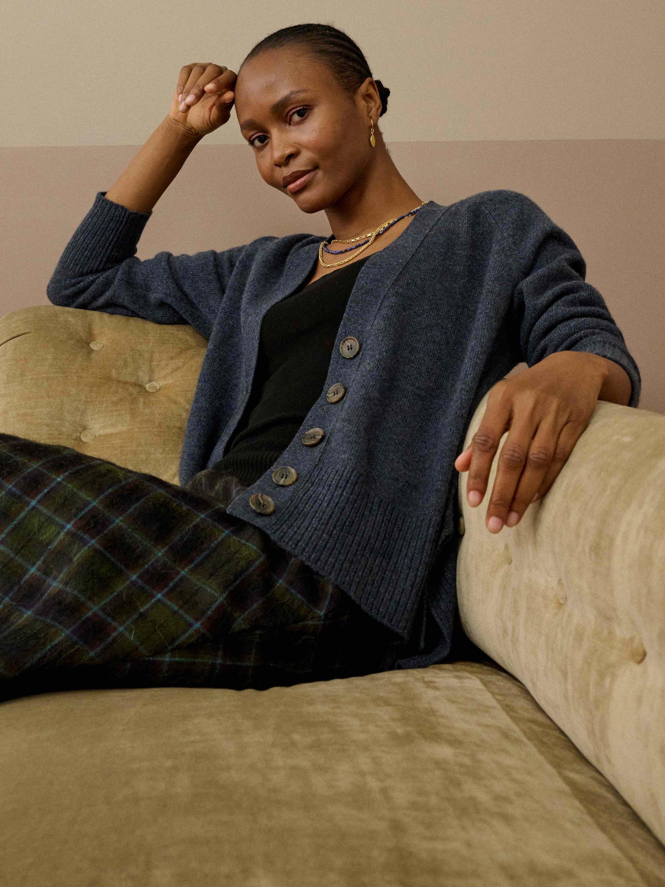 Product image 2 of 4, which shows Brora Longline Pure Cashmere Cardigan, Steel, 8-10