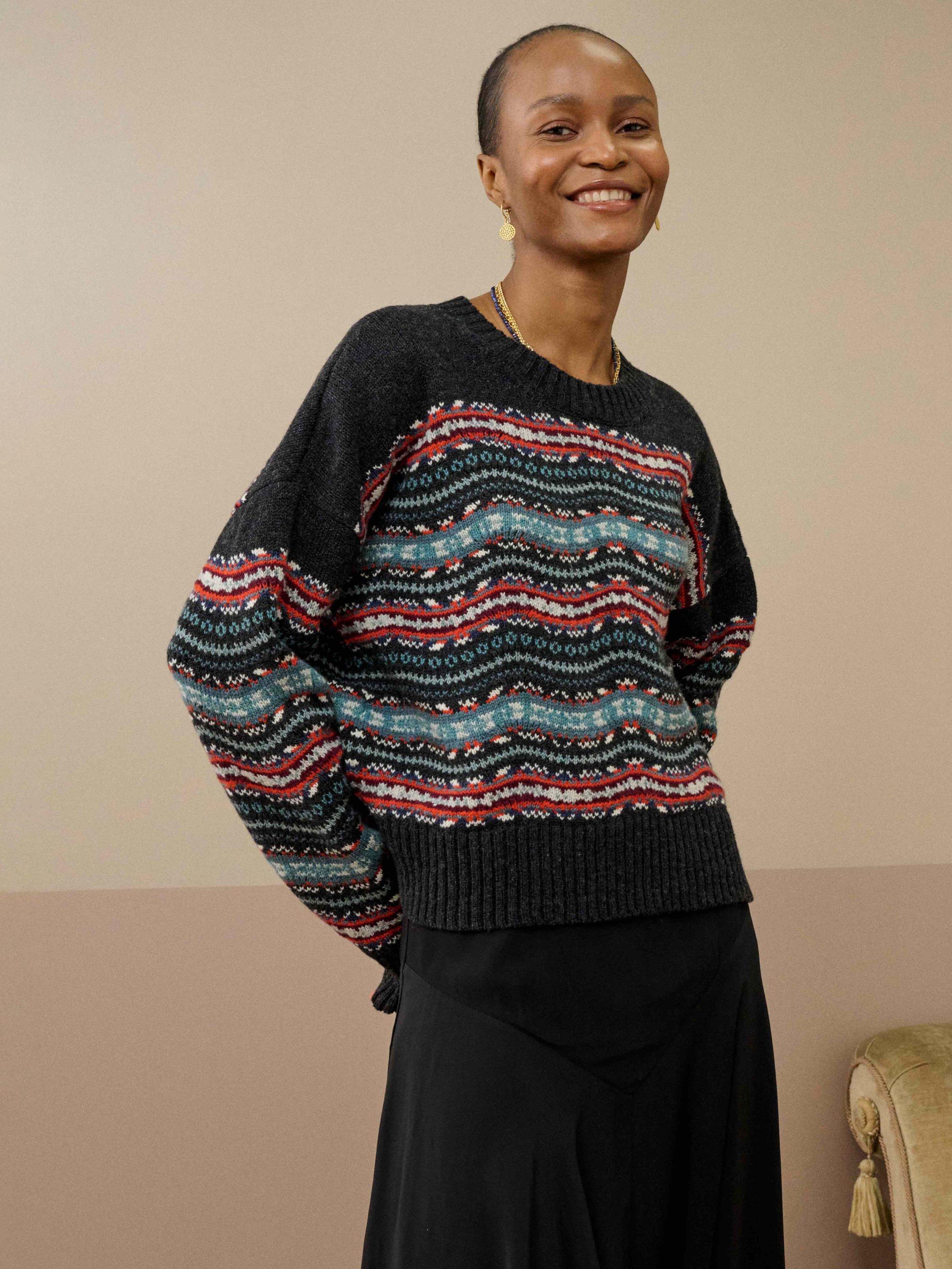 Brora Fair Isle Wave Pure Wool Jumper, Charcoal