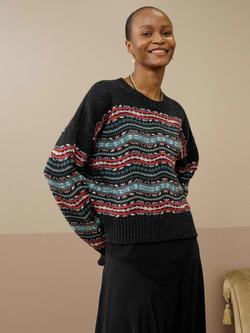 Brora Fair Isle Wave Pure Wool Jumper, Charcoal, Charcoal