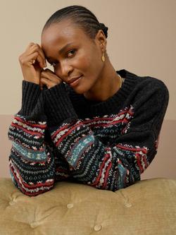 Brora Fair Isle Wave Pure Wool Jumper, Charcoal - view 2, Charcoal