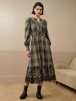 Brora Check Embroidered Midi Dress, Moss/Stone, Moss/Stone