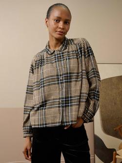 Brora Check Smock Brushed Cotton Shirt, Moss/Stone, Moss/Stone