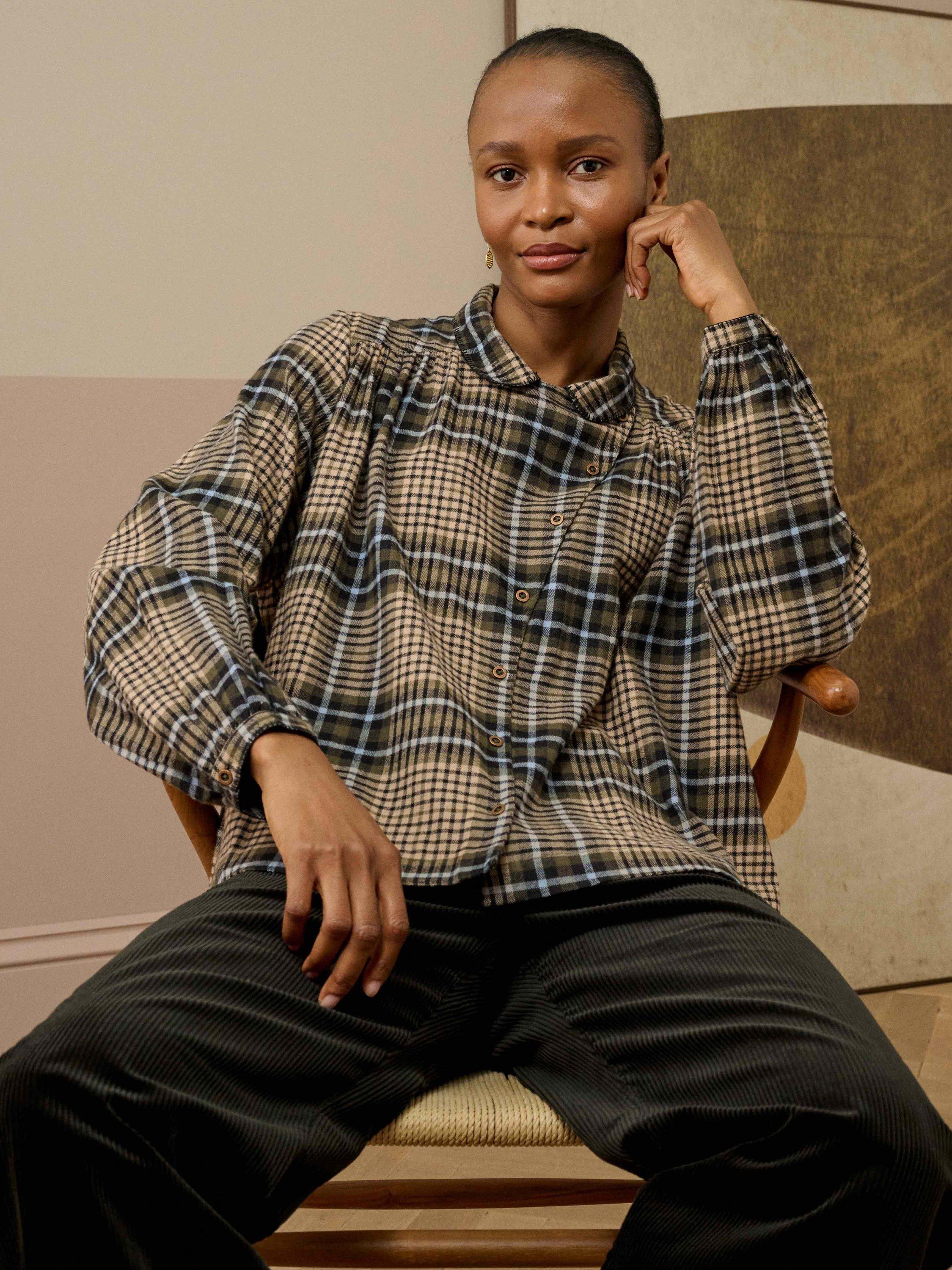 Product image 2 of 5, which shows Brora Check Smock Brushed Cotton Shirt, Moss/Stone, 18