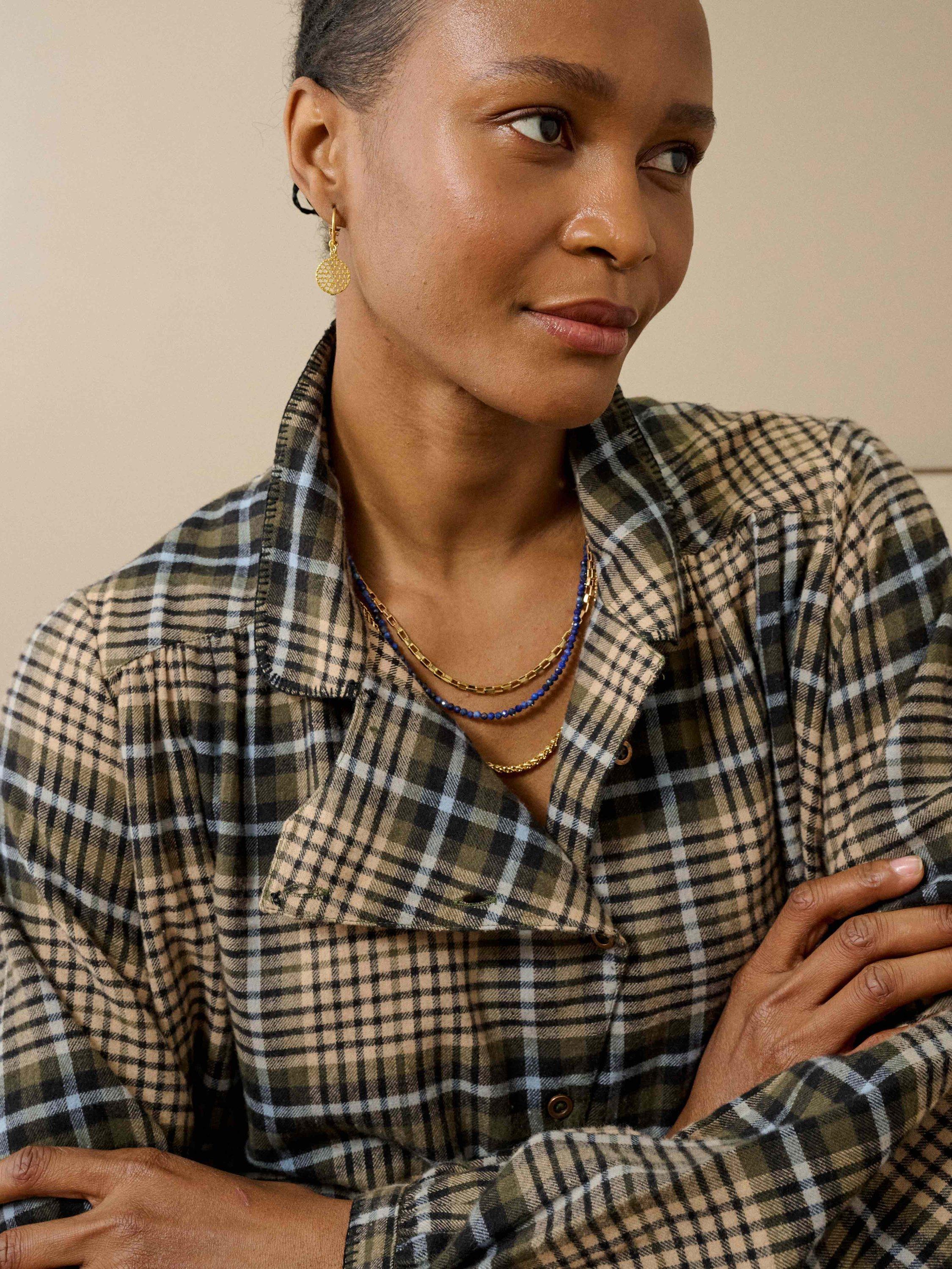 Product image 3 of 5, which shows Brora Check Smock Brushed Cotton Shirt, Moss/Stone, 18