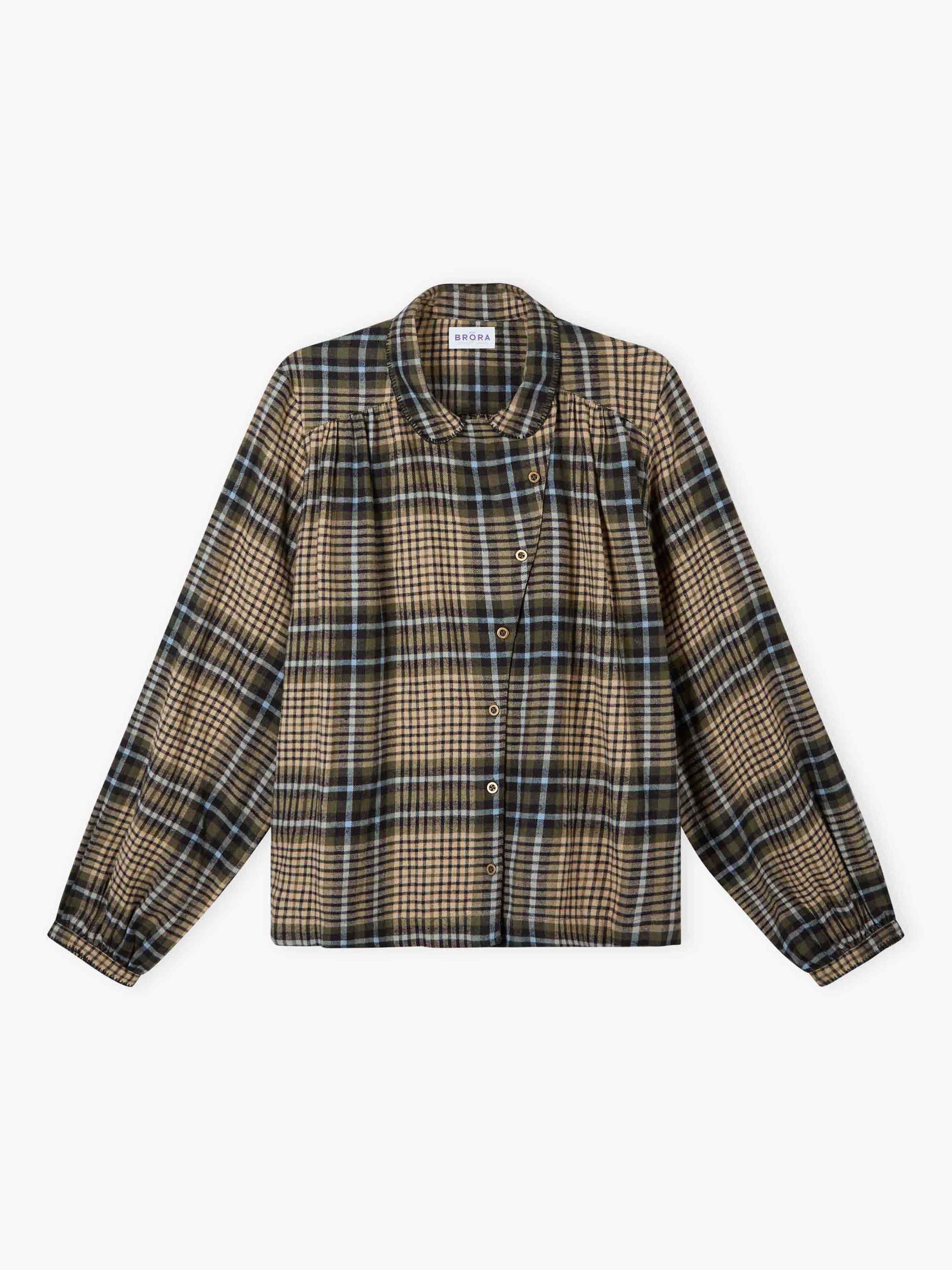 Product image 5 of 5, which shows Brora Check Smock Brushed Cotton Shirt, Moss/Stone, 18