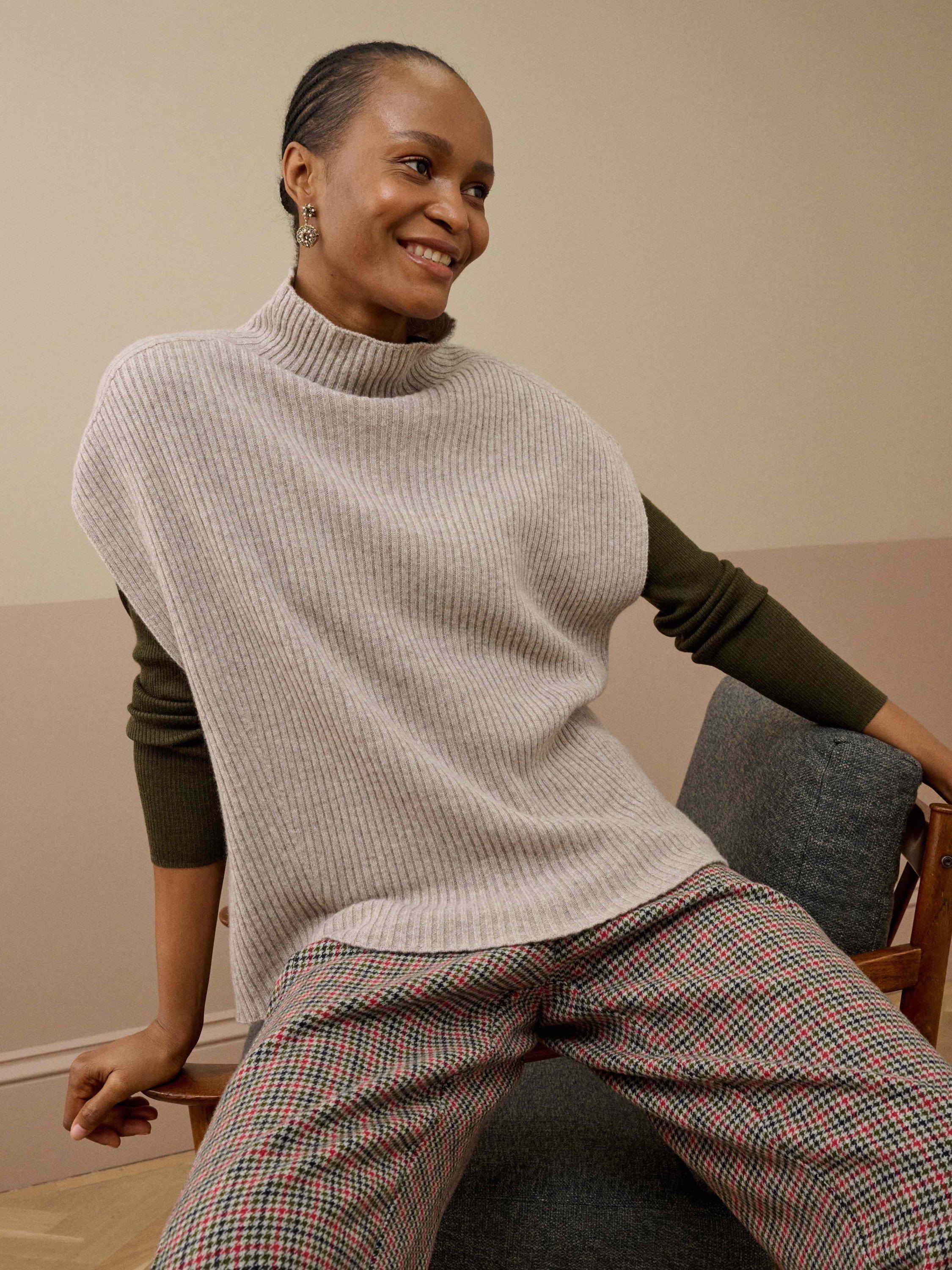 Product image 2 of 4, which shows Brora Ribbed Pure Cashmere Poncho, Ash, 16-18