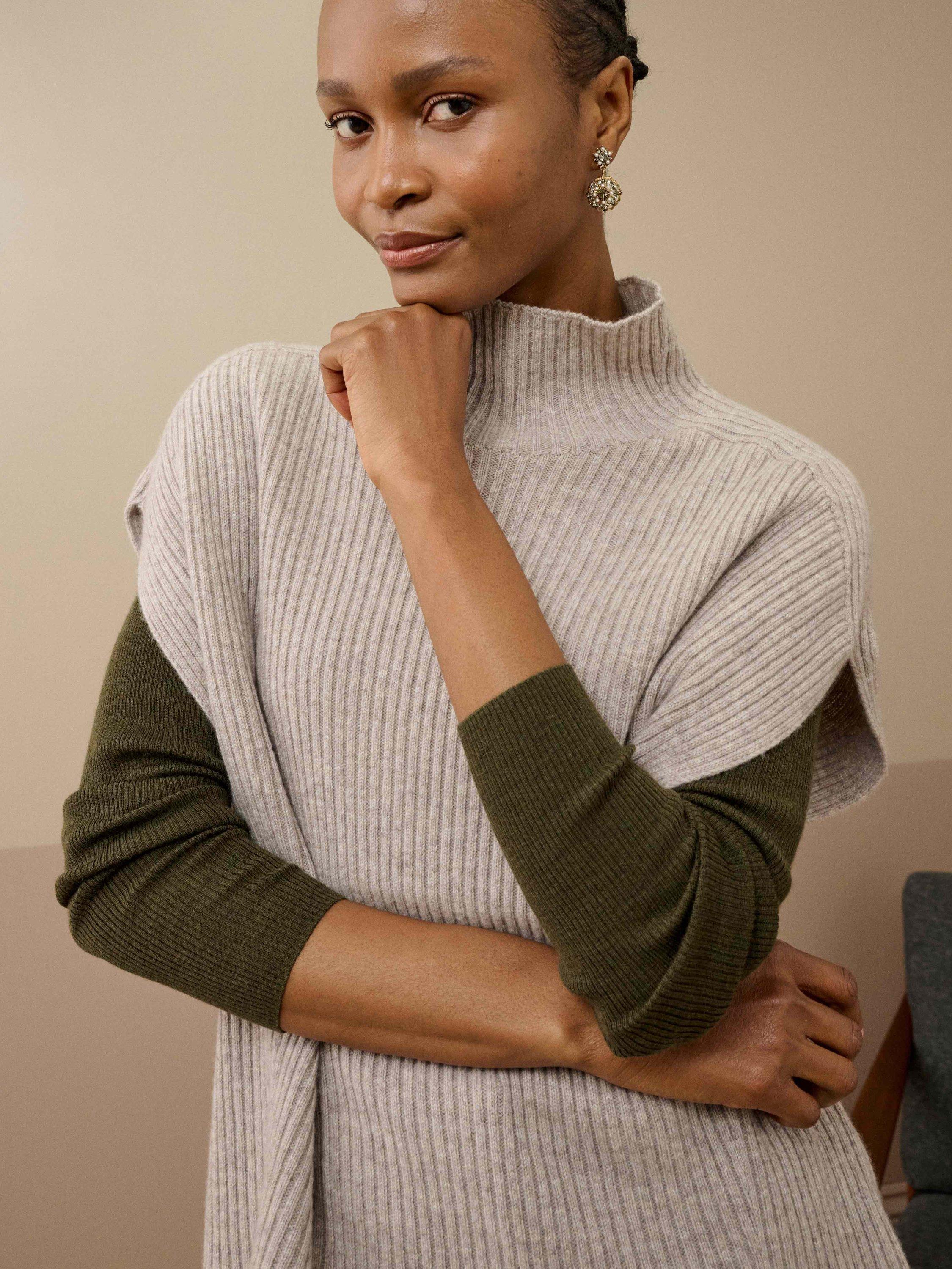 Product image 3 of 4, which shows Brora Ribbed Pure Cashmere Poncho, Ash, 16-18