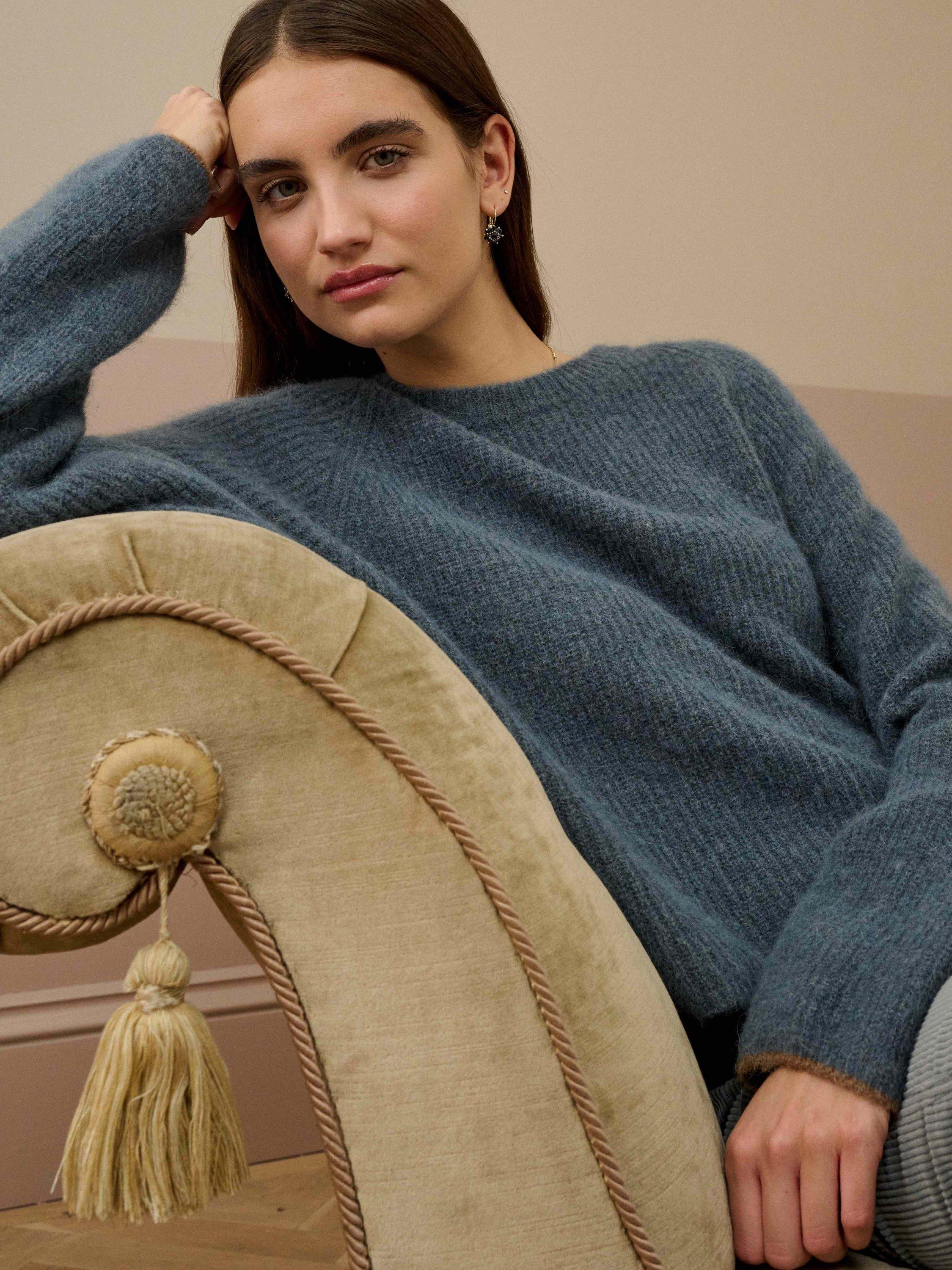 Product image 2 of 5, which shows Brora Ribbed Wool Rich Jumper, Airforce, 8-10
