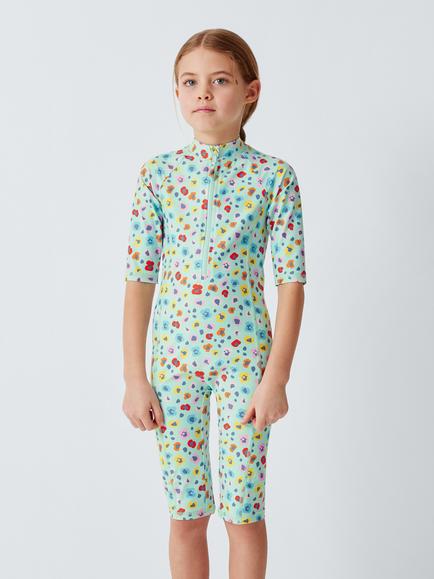 John Lewis Kids' Floral Leopard Sunpro Swimsuit, Green Multi - view 2, Green Multi