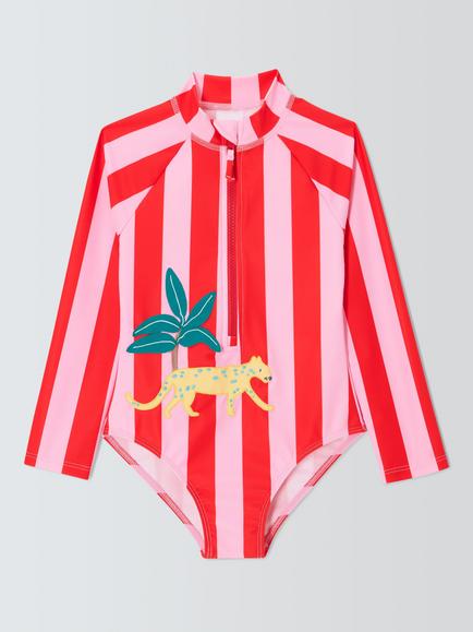 John Lewis Kids' Leopard Long Sleeve Swimsuit, Pink Multi, Pink Multi