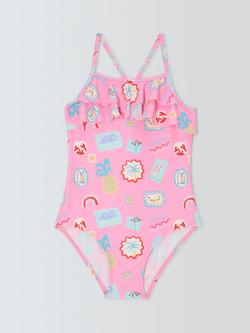 John Lewis Kids' Wish You Were Here Swimsuit, Pink Multi, Pink Multi
