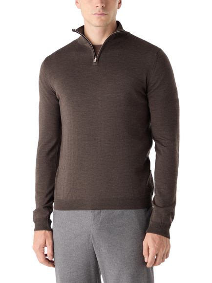 Oliver Sweeney Curragh Zip Funnel Neck Merino Wool Jumper, Chocolate Marl