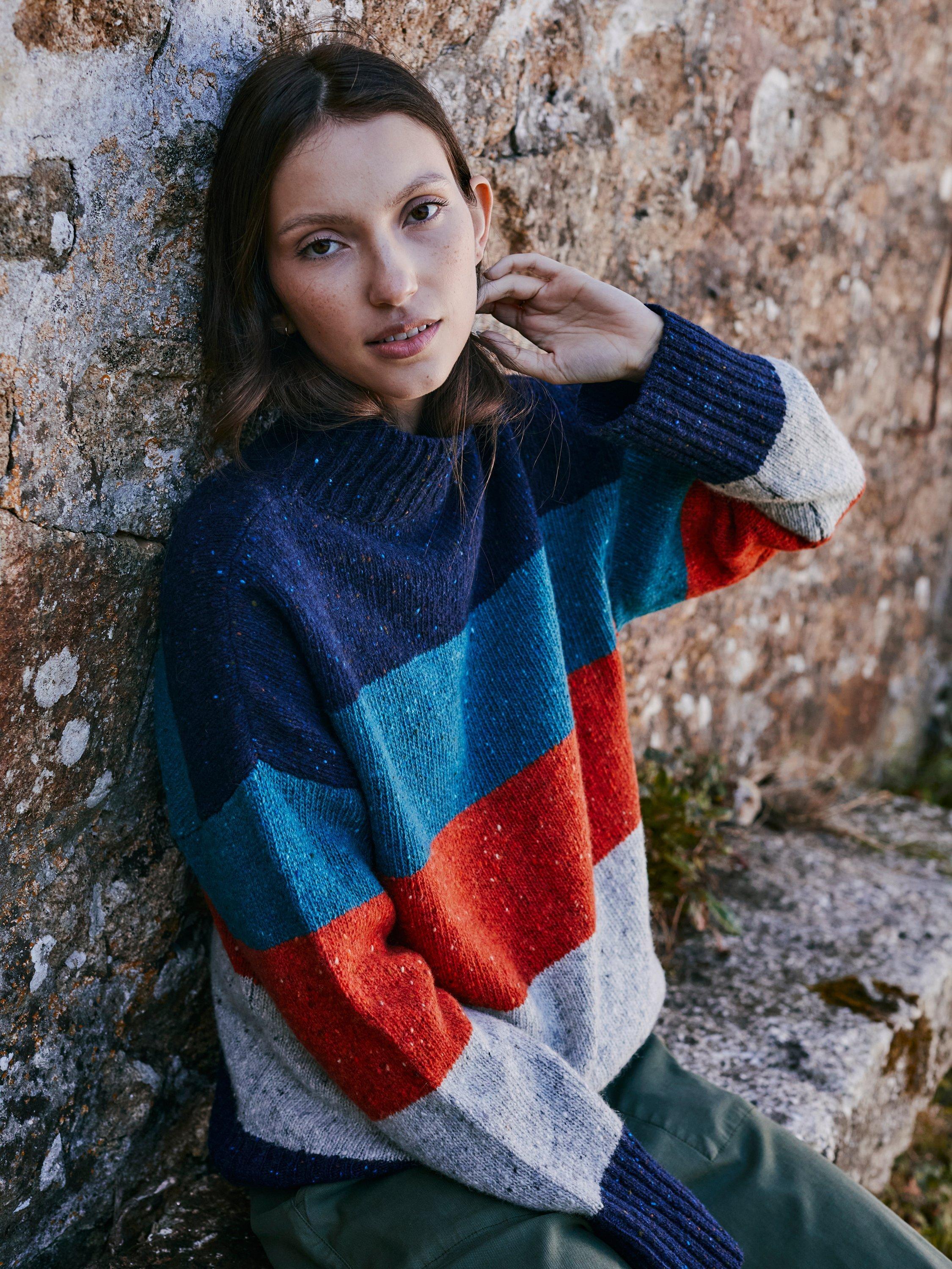 Product image 1 of 5, which shows Celtic & Co. Stripe Funnel Neck Pure Wool Jumper, Multi, XS