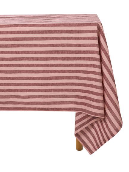 Piglet in Bed Pembroke Stripe Linen Blend Tablecloth - view 2, Rhubarb/Rose