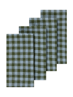 Piglet in Bed Colour Drenched Gingham Linen Blend Napkins, Pack of 4, Fern Green/Dusk Blue, One Size