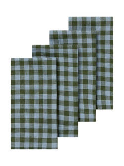 Piglet in Bed Colour Drenched Gingham Linen Blend Napkins, Pack of 4, Fern Green/Dusk Blue