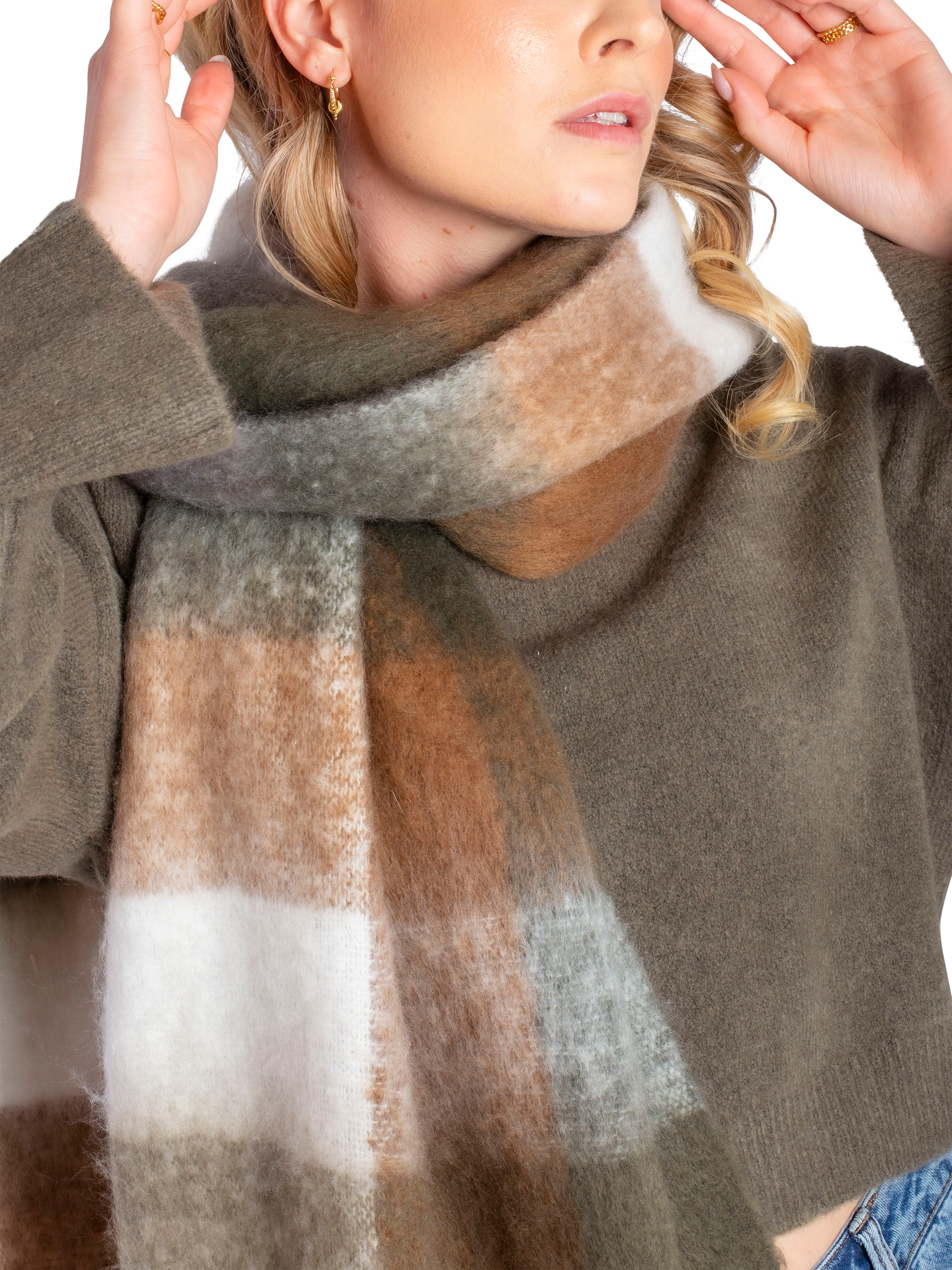 Product image 6 of 7, which shows Bloom & Bay Colette Check Scarf, Khaki, One Size