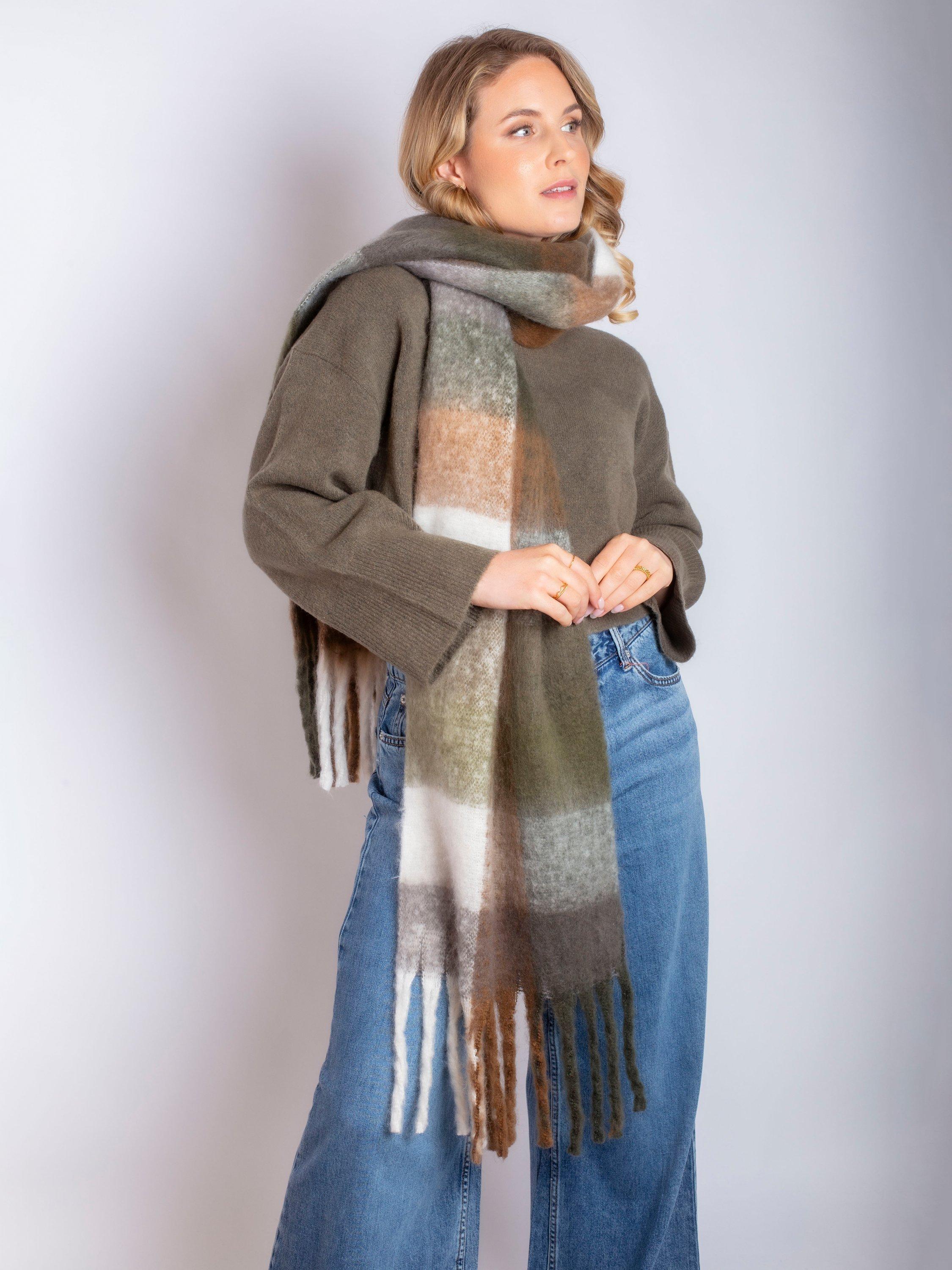 Product image 7 of 7, which shows Bloom & Bay Colette Check Scarf, Khaki, One Size
