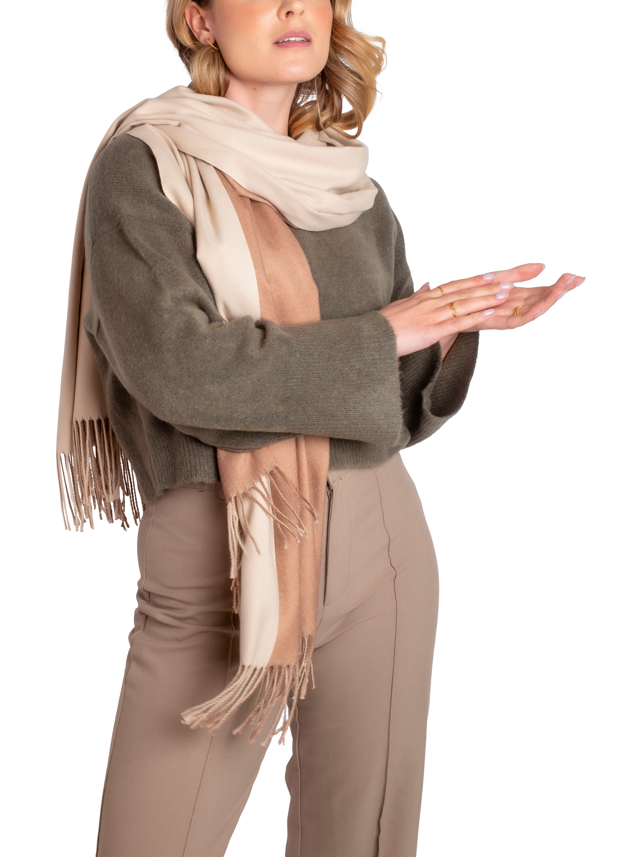 Product image 4 of 6, which shows Bloom & Bay Songbird Colour Block Pashmina, Beige, One Size