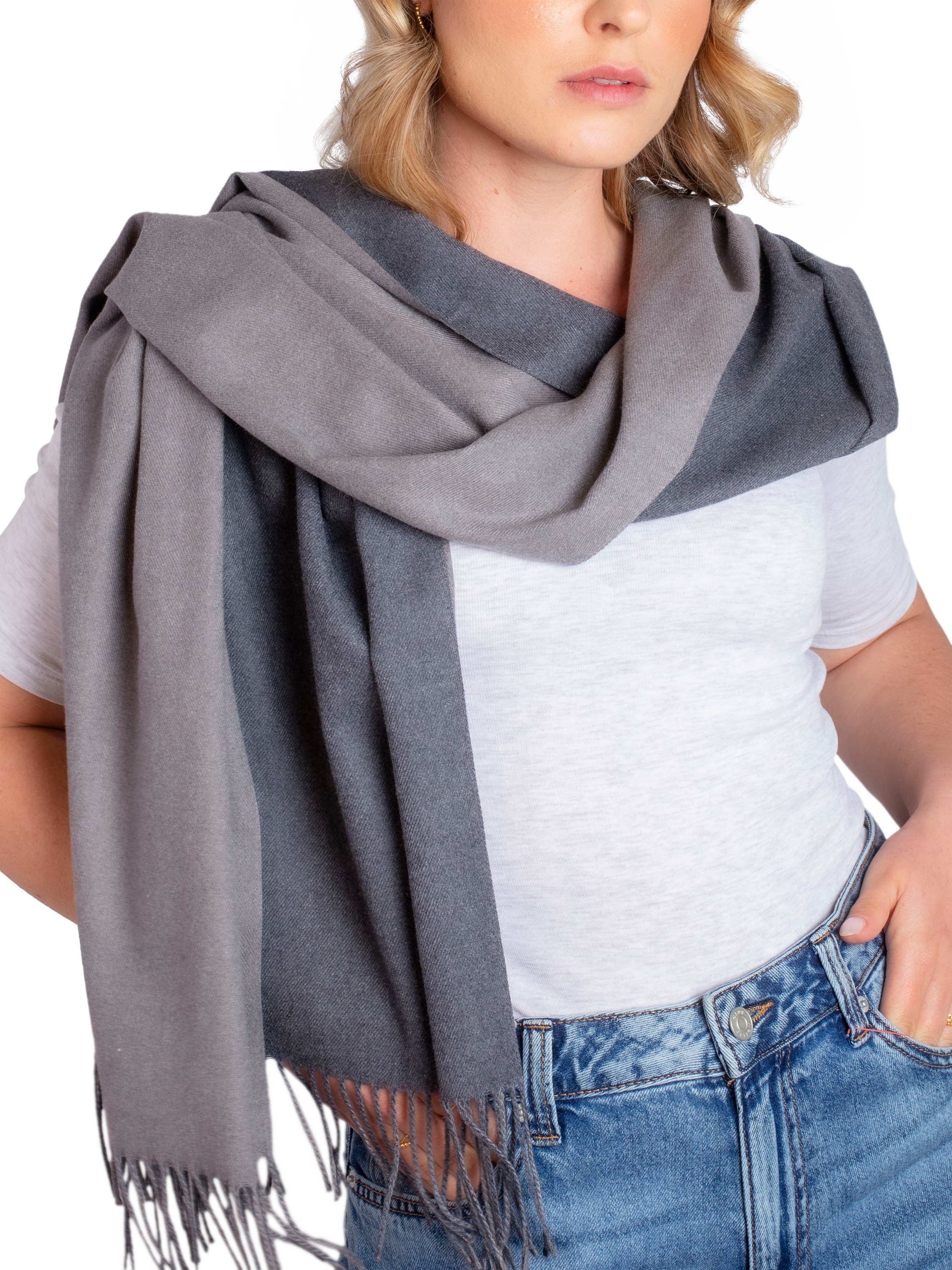 Product image 4 of 6, which shows Bloom & Bay Songbird Colour Block Pashmina, Grey, One Size