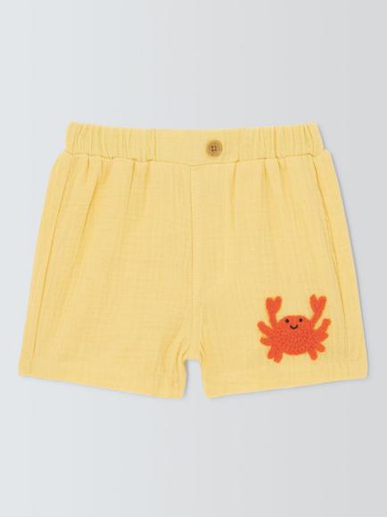 John Lewis Baby Crab Cotton Muslin Shorts, Yellow, Yellow