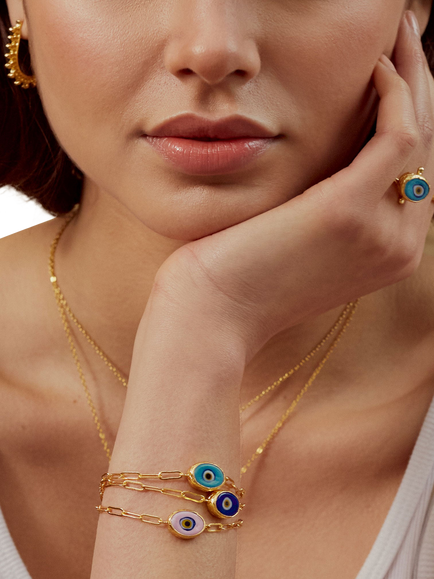 Ottoman Hands Blue Evil Eye Bracelet, Gold - view 2, Gold
