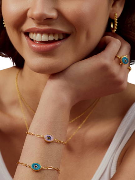 Ottoman Hands Pink Evil Eye Bracelet, Gold - view 2, Gold