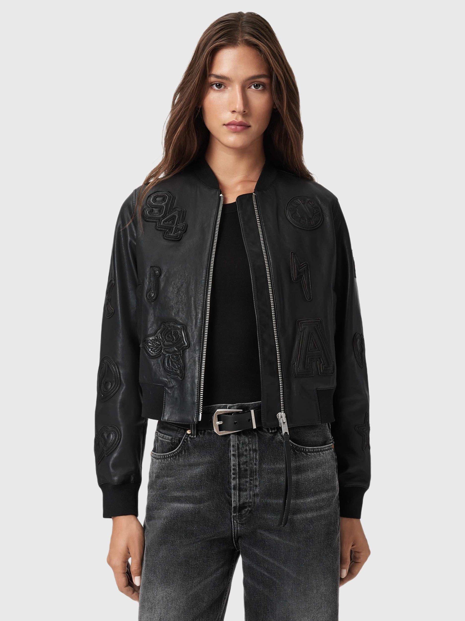 Product image 1 of 6, which shows AllSaints Orten 94 Leather Bomber Jacket, Black, 10