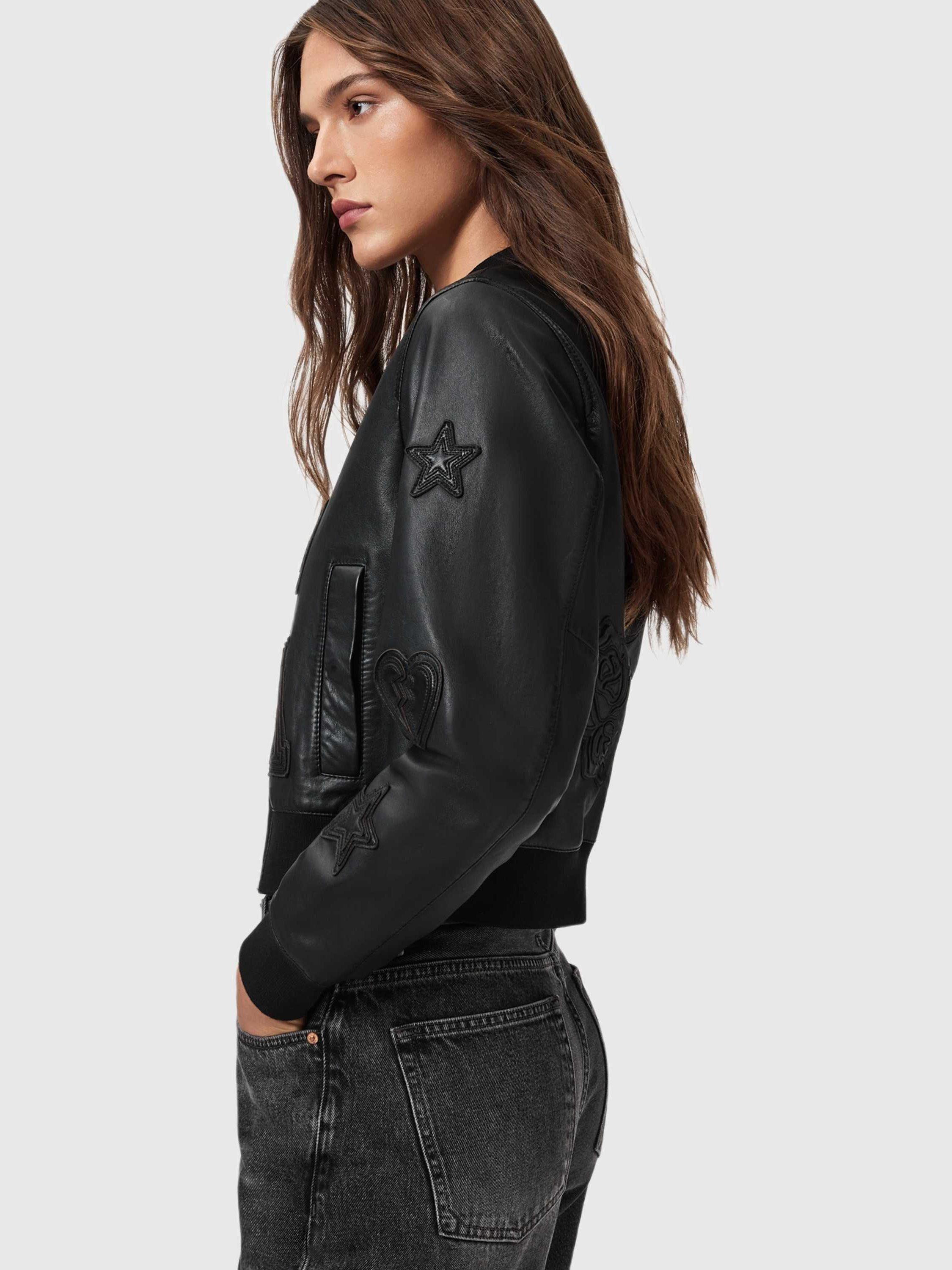 Product image 6 of 6, which shows AllSaints Orten 94 Leather Bomber Jacket, Black, 10