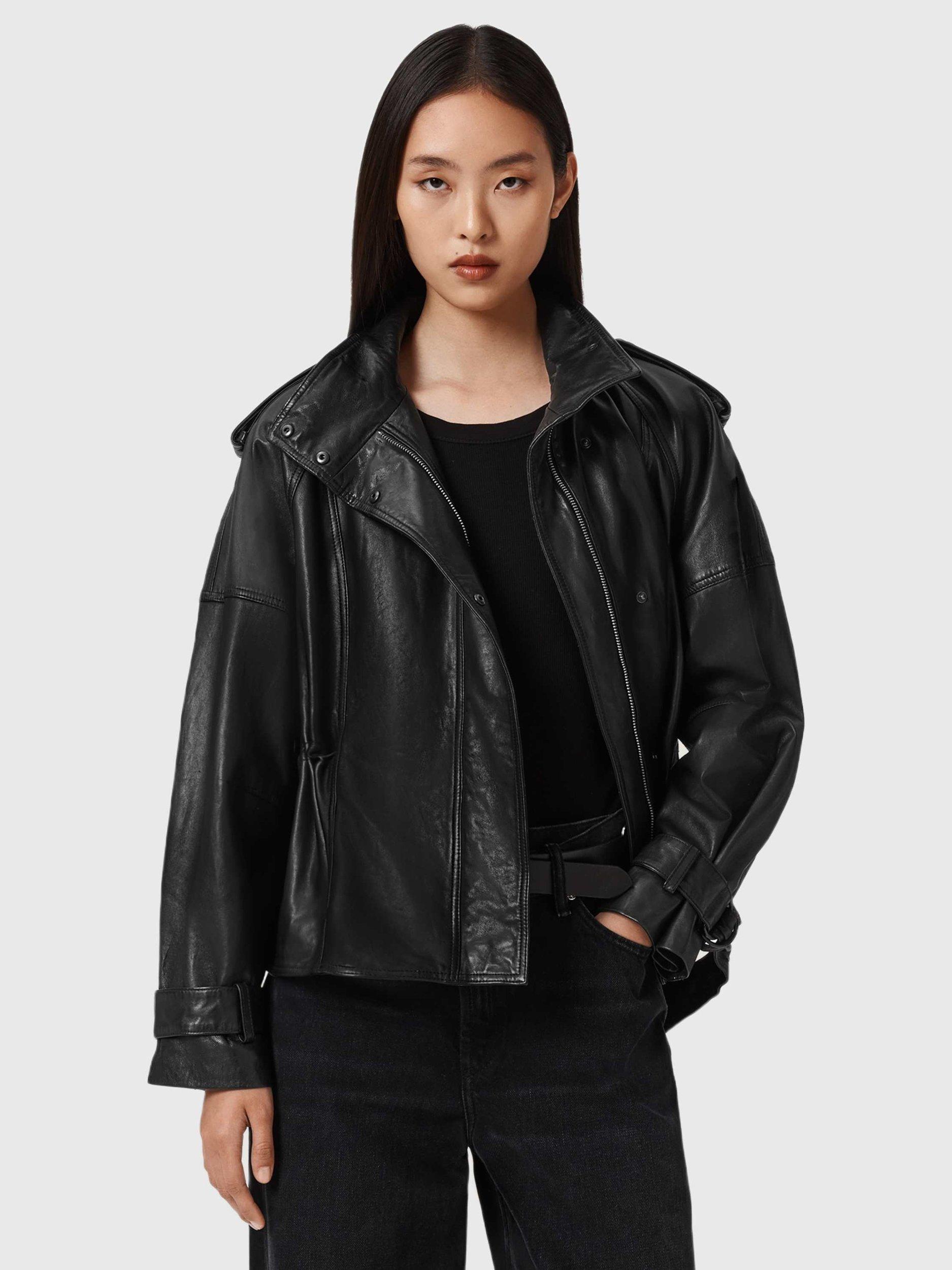 Product image 1 of 7, which shows AllSaints Serne Pure Leather Jacket, Black, XS