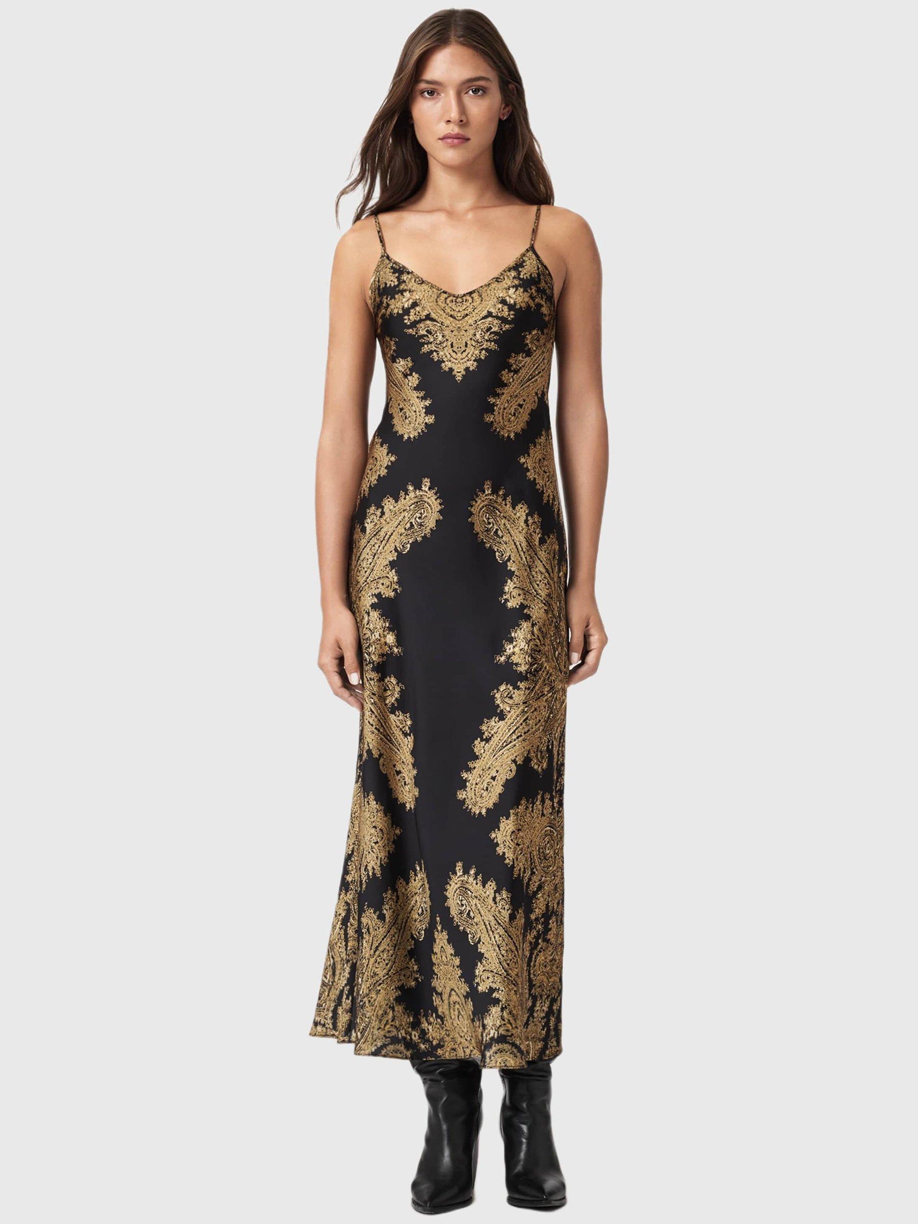 AllSaints Bryony Brocade Slip Dress, Ella Black/Gold
