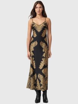 AllSaints Bryony Brocade Slip Dress, Ella Black/Gold, Ella Black/Gold