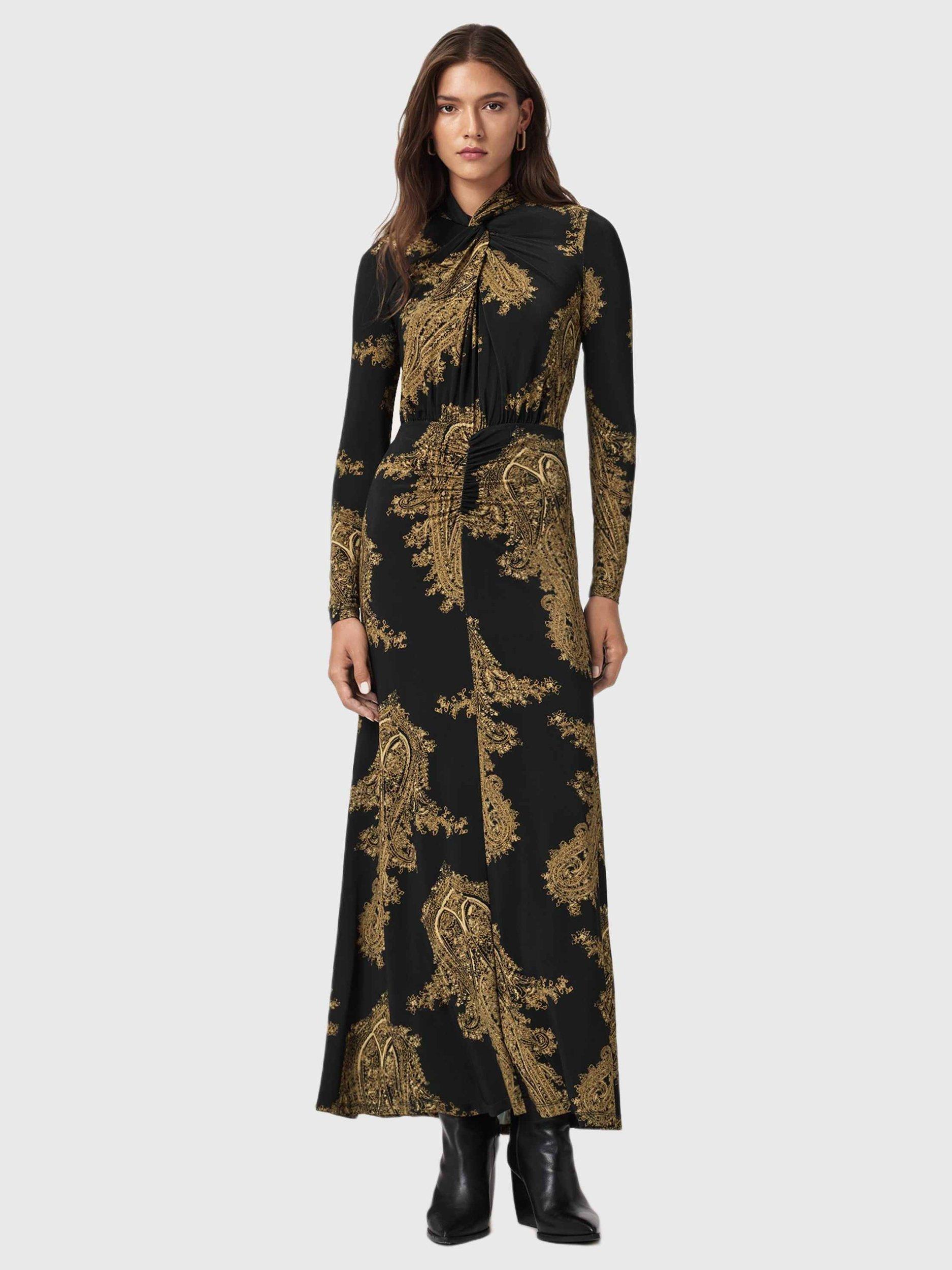 Product image 1 of 6, which shows AllSaints Mina Paisley Maxi Dress, Black, 10