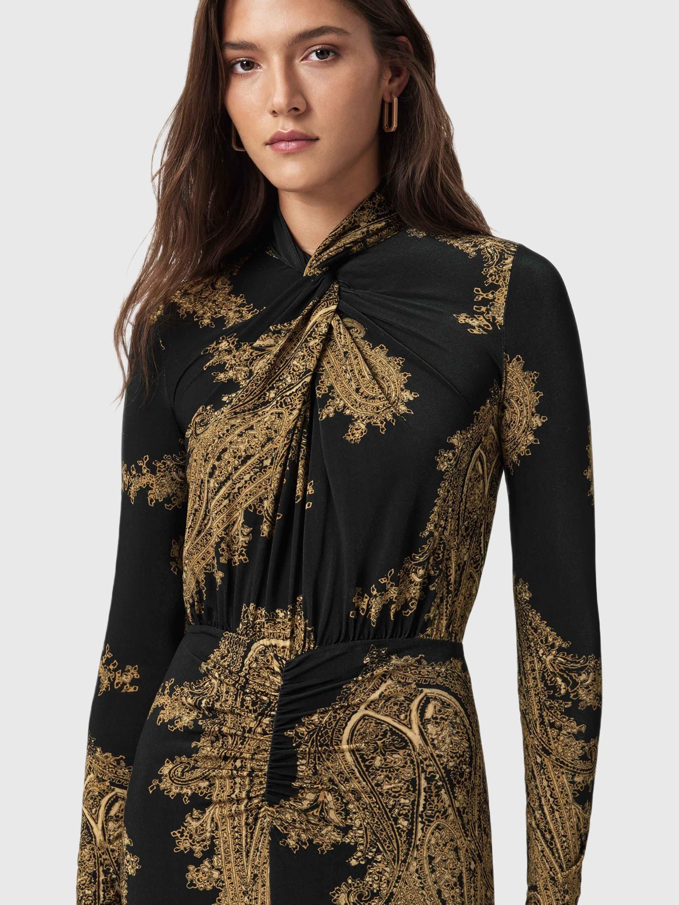 Product image 3 of 6, which shows AllSaints Mina Paisley Maxi Dress, Black, 10