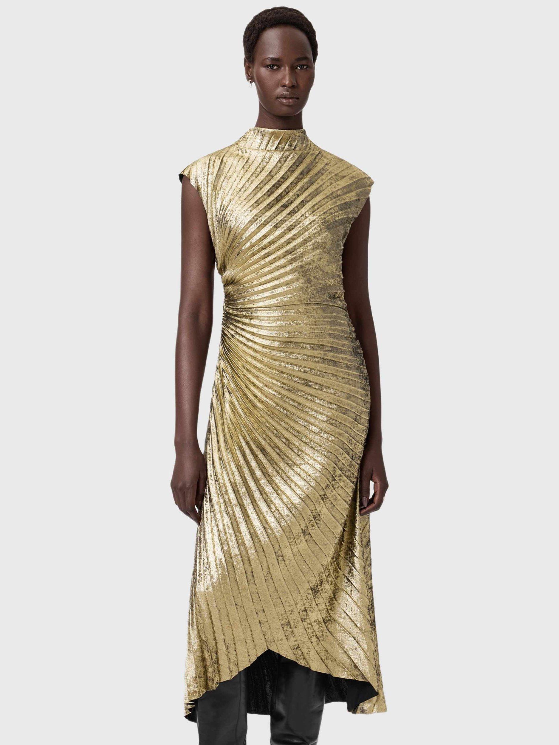 AllSaints Rayanna Sun Ray Pleated Dress, Gold