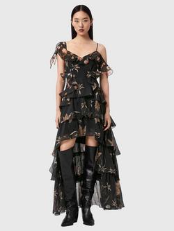 AllSaints Sienna Floral Tiered Dress, Petra Sepia Brown, Petra Sepia Brown