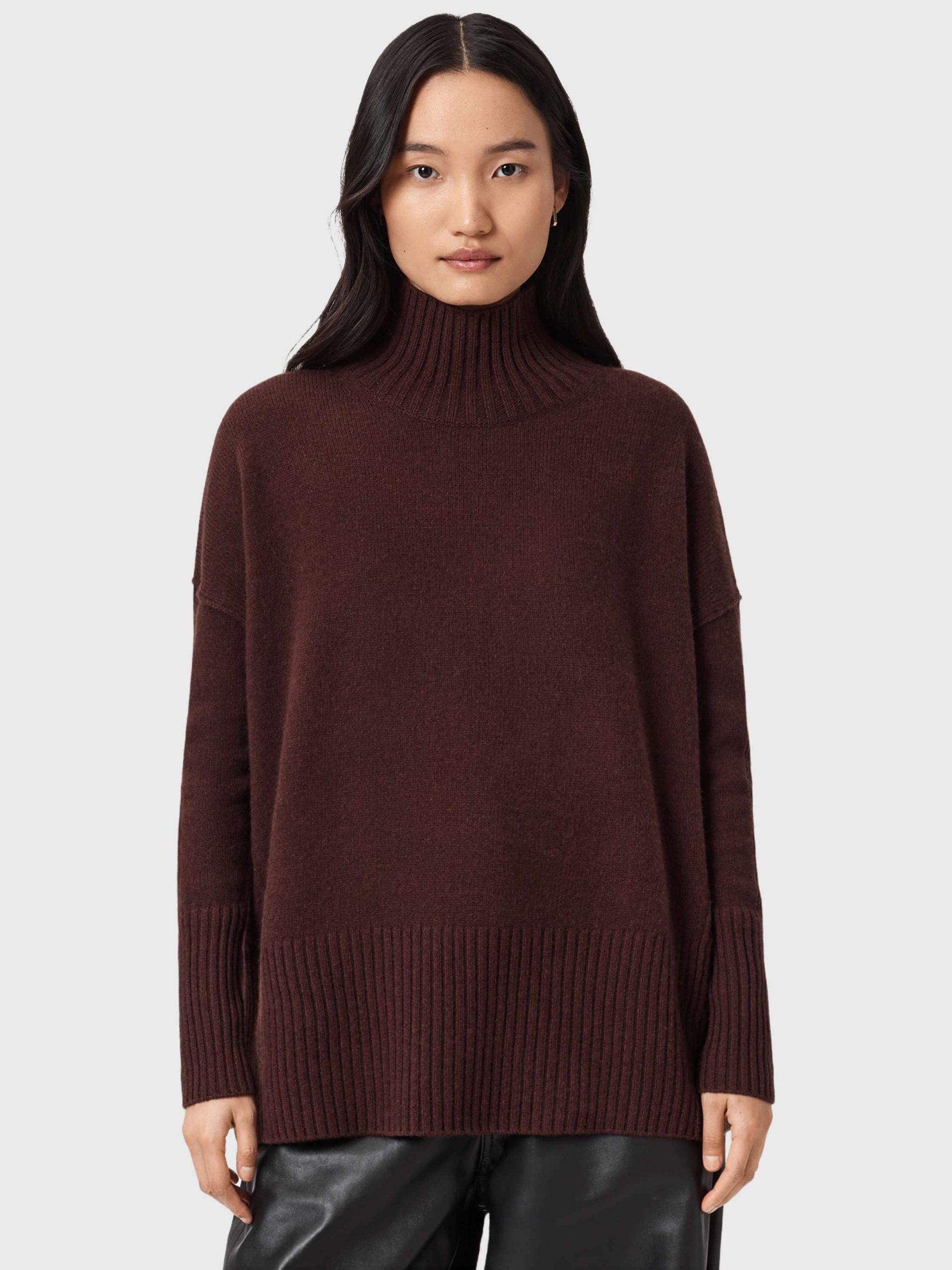 Product image 1 of 6, which shows AllSaints Ester Cashmere Rich Roll Neck Jumper, Bitter Brown, M