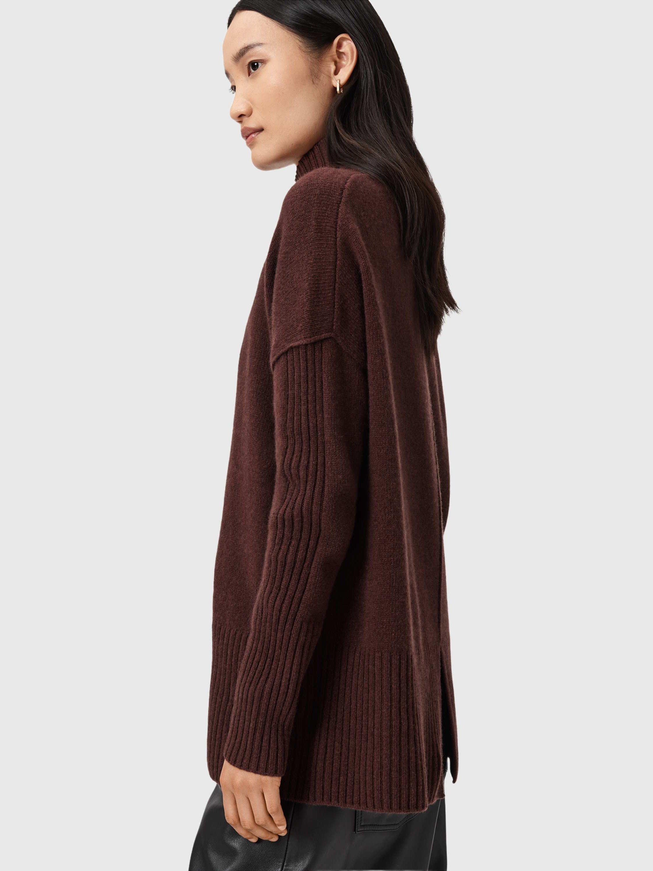 Product image 4 of 6, which shows AllSaints Ester Cashmere Rich Roll Neck Jumper, Bitter Brown, M